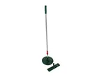 A green and silver mop with a round head and a rectangular attachment on a white background.