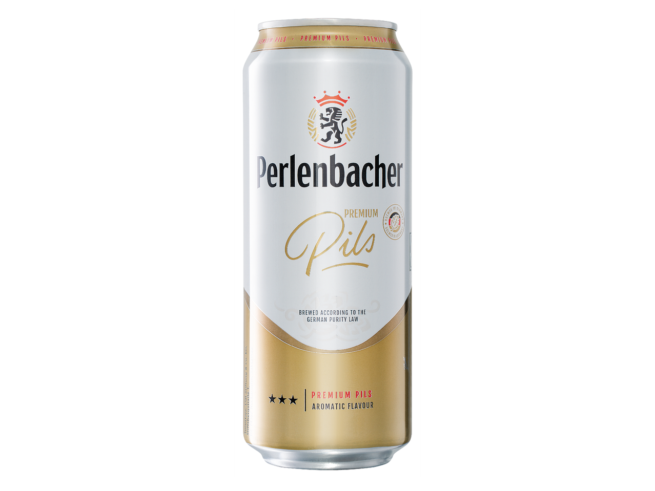 Кенче бира пилз с надпис „Premium Pils“ и герб с коронован лъв.