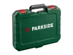 Green and black plastic tool case with red latches and carrying handle.