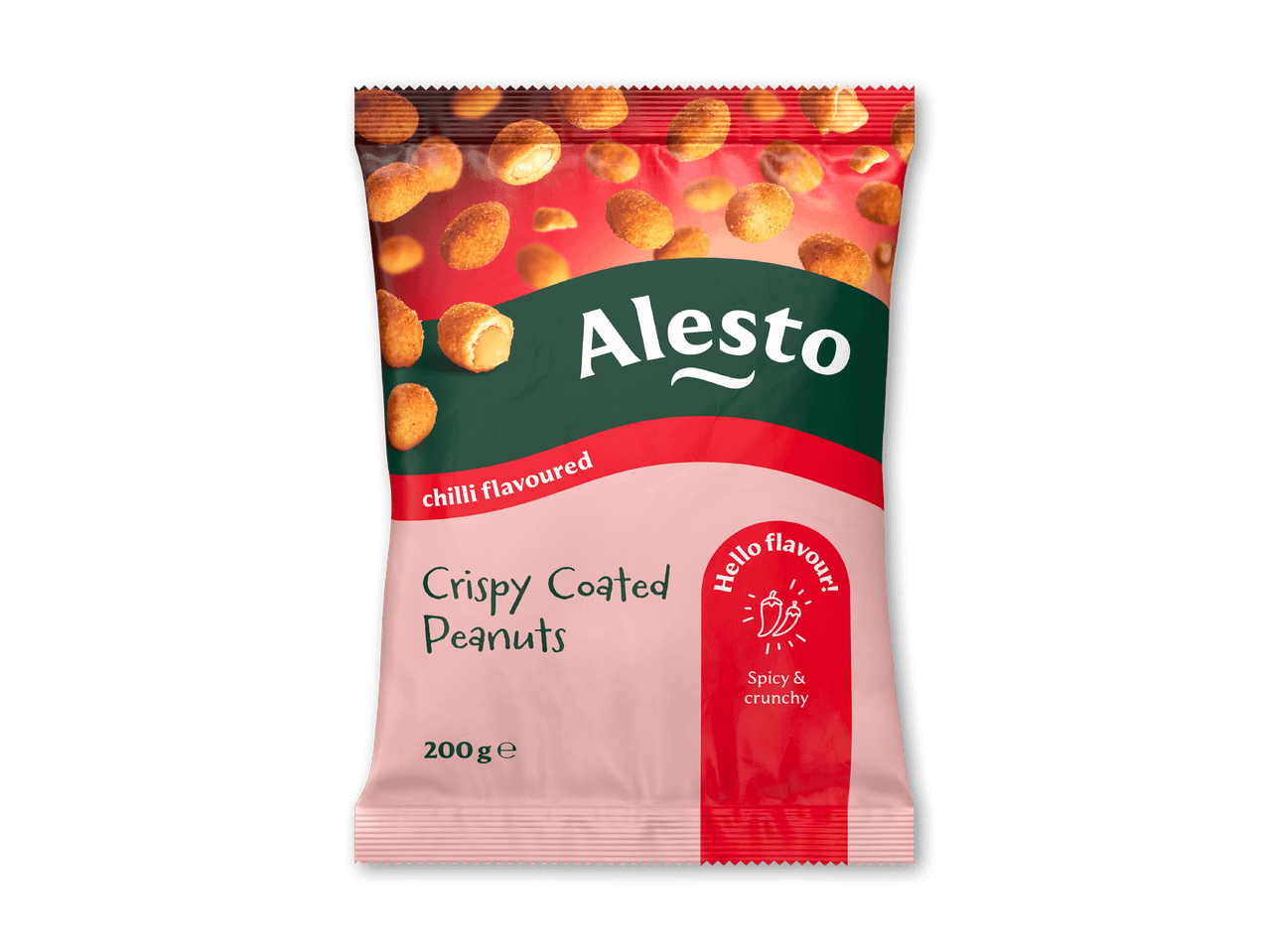 En pose med chilismagende sprøde coatede peanuts, der viser flyvende peanuts og teksten 'Hello flavour! Spicy & crunchy'.