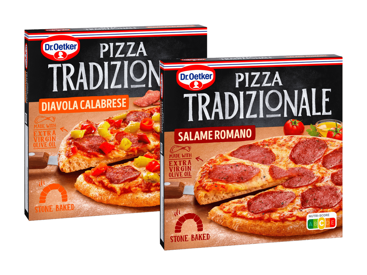 Zwei Buitoni Pizza Tradizionale Packungen: Paprika Calabre und Salami Milano.
