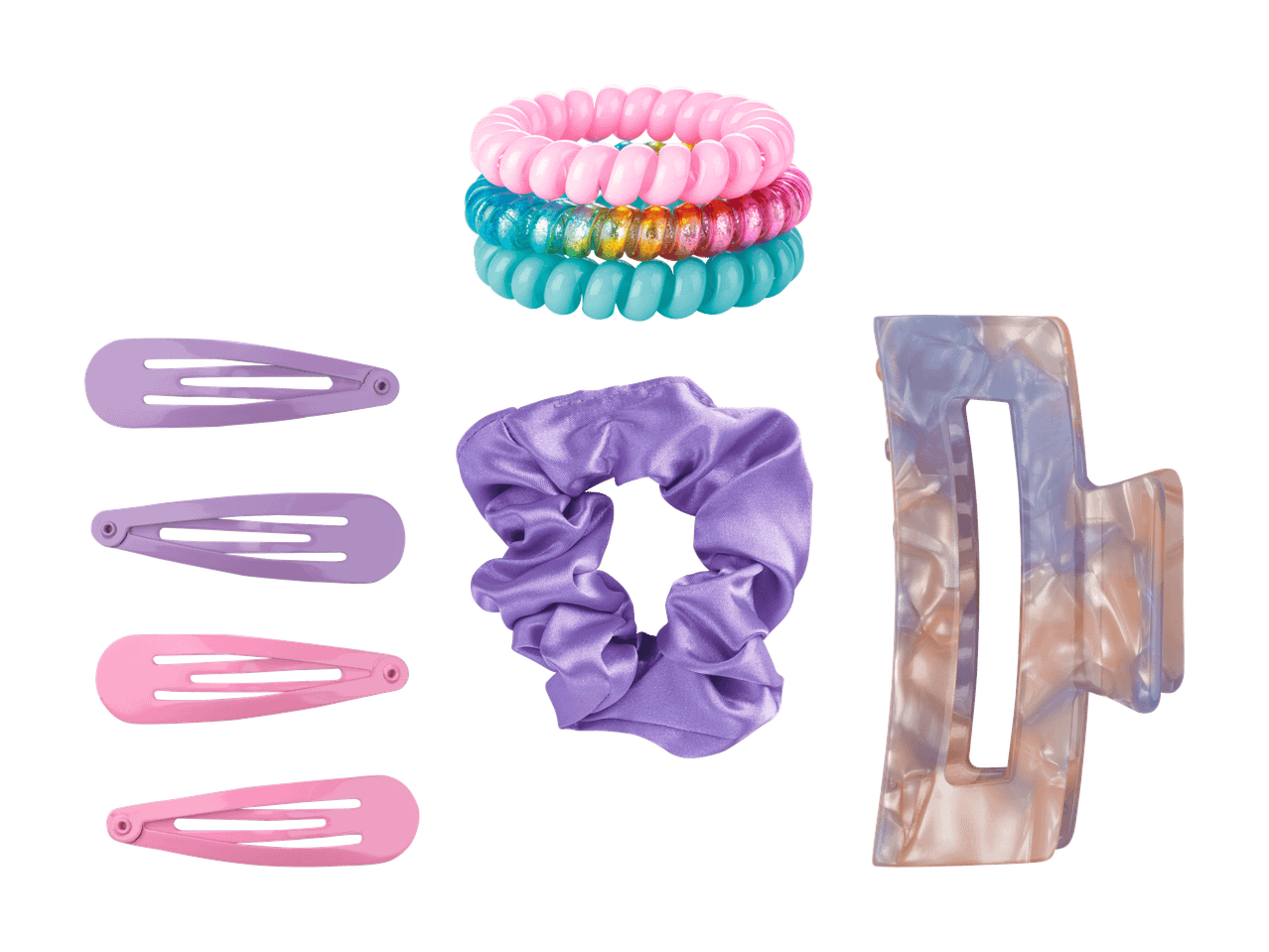 Accessoires pour cheveux : élastiques spirales, barrettes clic-clac et chouchou en satin.