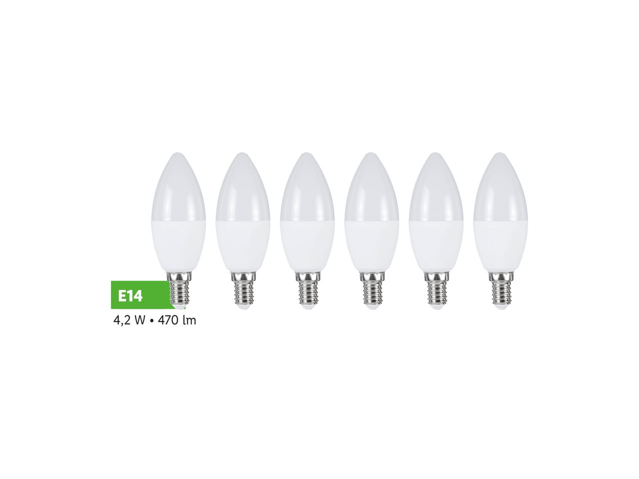 Pet LED svetilk E14 z močjo 4,2 W in svetilnostjo 470 lm.