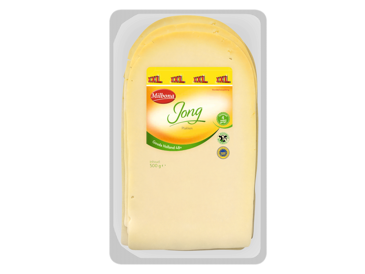Milbona Gouda Holland 48+ kaasplakken, 500g verpakking.