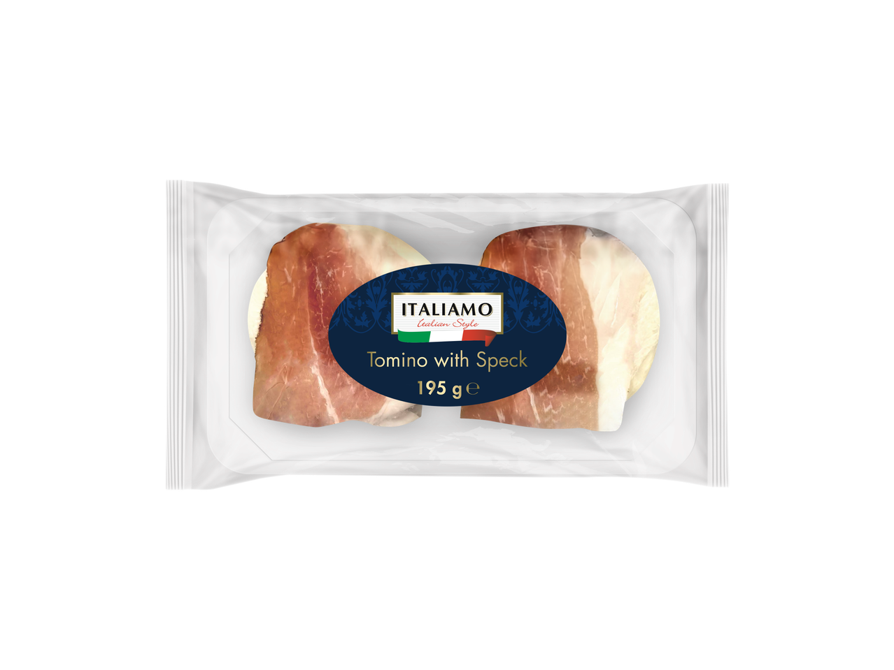 ITALIAMO Queijo Tomino com Presunto, 195g, em embalagem plástica transparente.