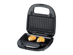Open black electric grill with two grilled chicken breasts inside.