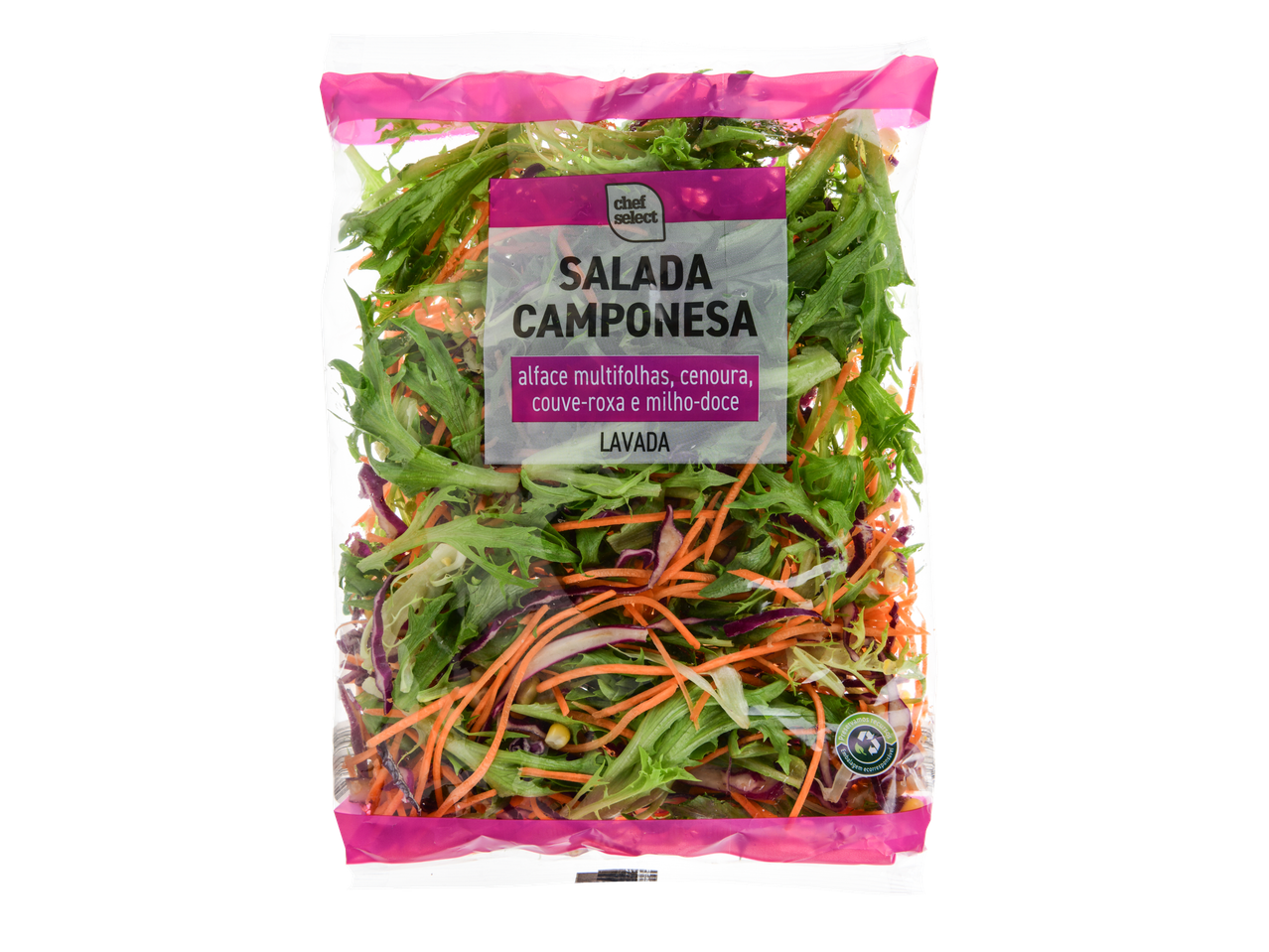 Chef Select Salada Camponesa com alface multifolhas, cenoura, couve-roxa e milho-doce.