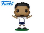 Football player figurine in a white and blue uniform with arms outstretched.