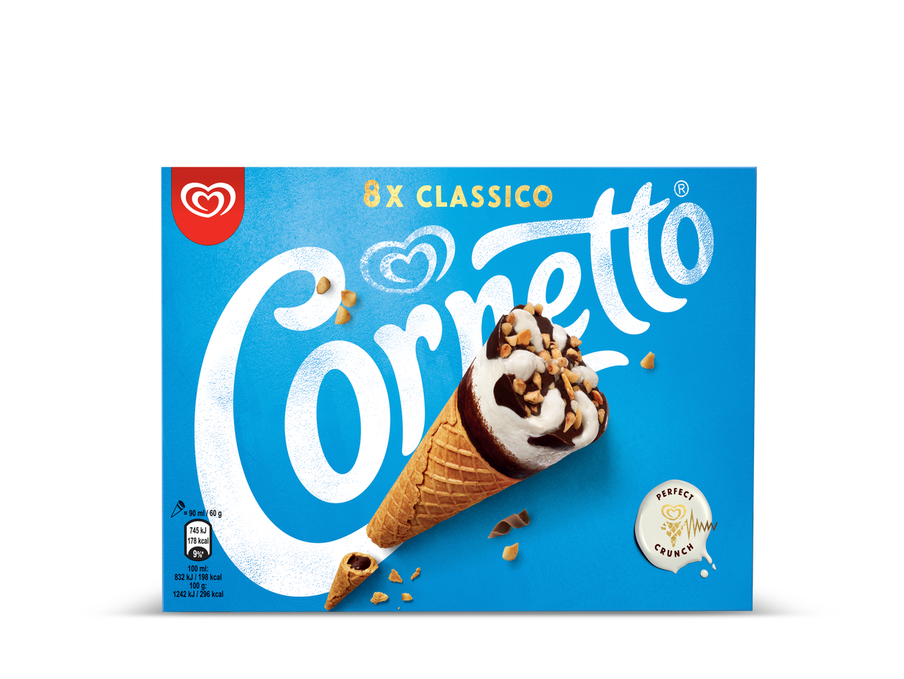 Cornetto Classico 8-pack met vanille-ijs, chocolade en noten in een wafel.