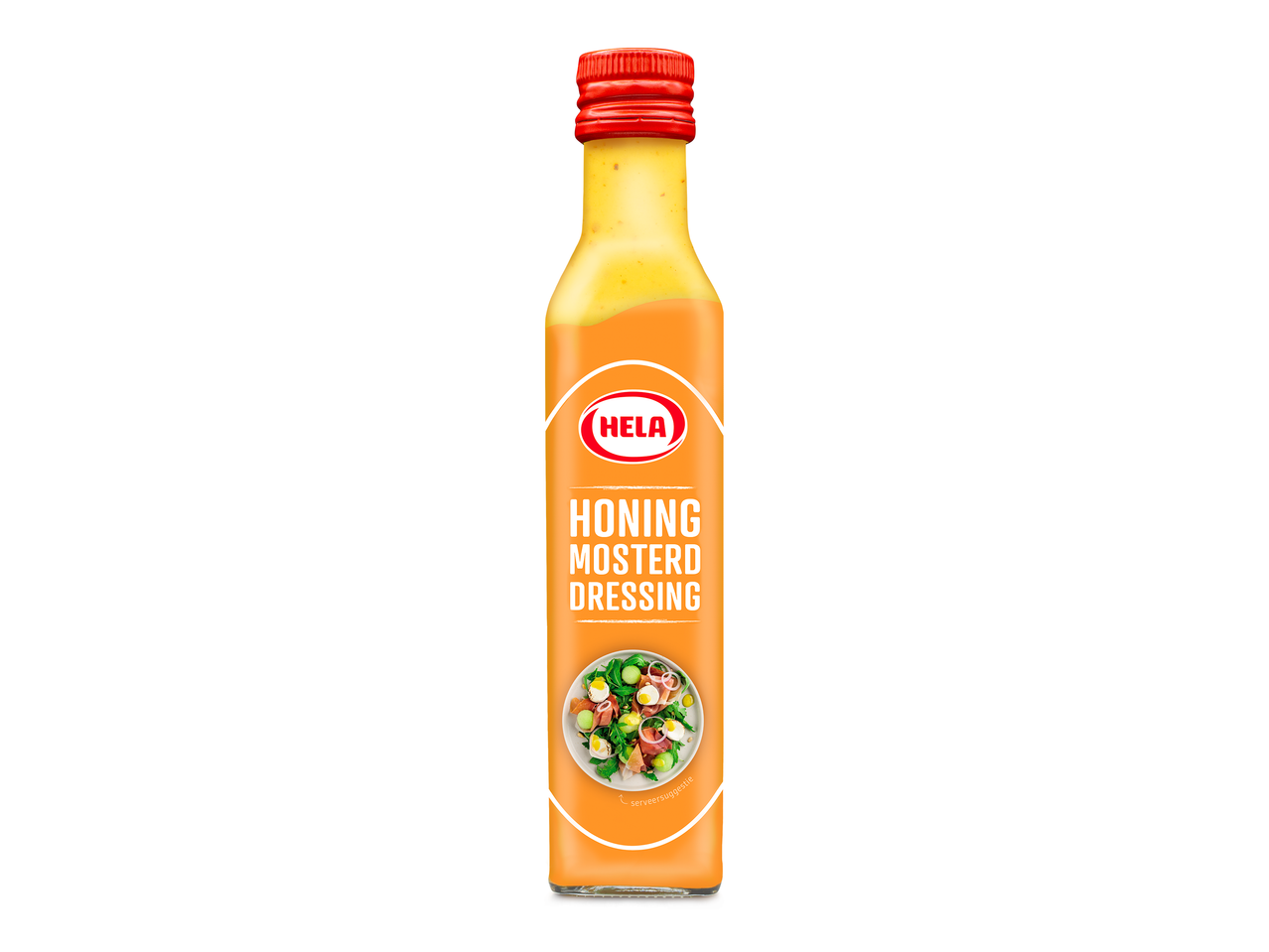 Fles honing-mosterddressing met een saladeafbeelding en de tekst 'Honing Mosterd Dressing'.