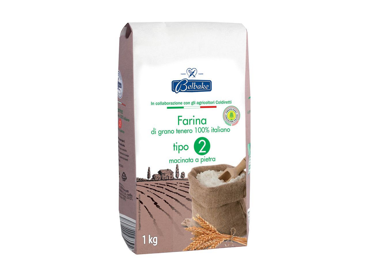 Sacchetto da 1 kg di farina tipo 2 Belbake, 100% italiana, macinata a pietra.
