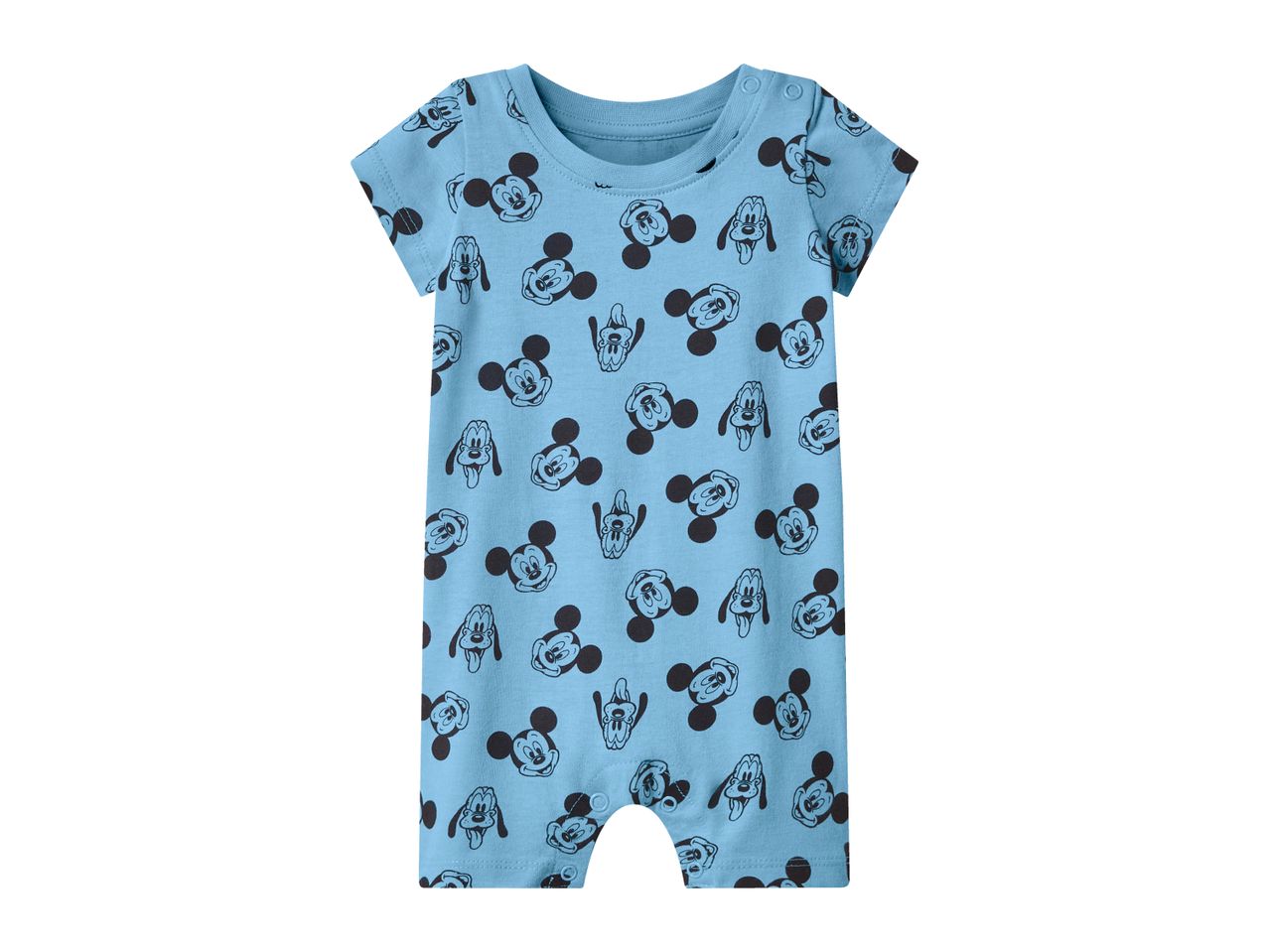 Baby romper in light blue with a pattern of cartoon character faces