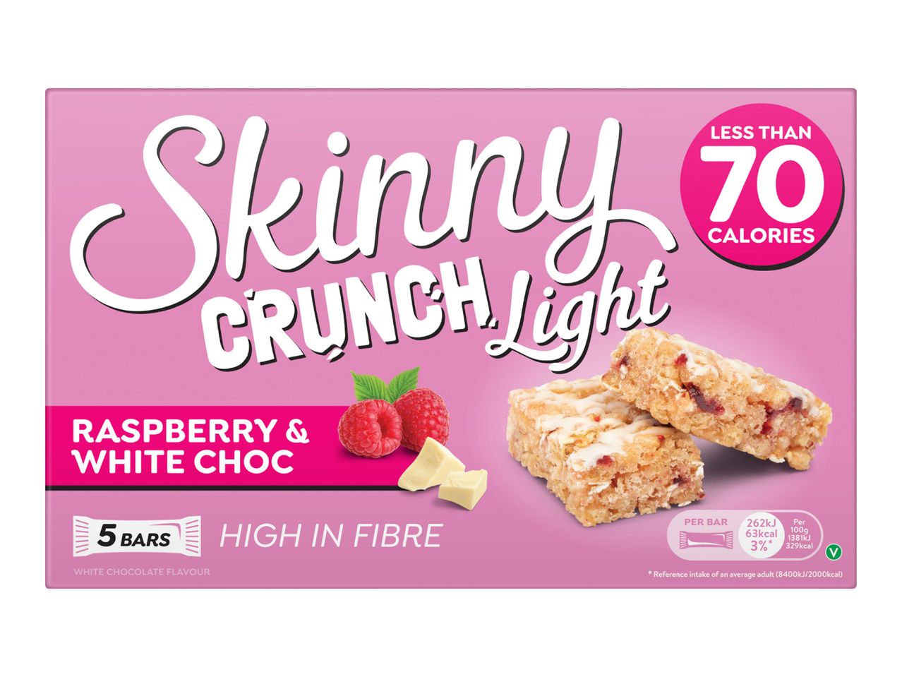 Raspberry and white chocolate cereal bars, high in fibre and under 70 calories.