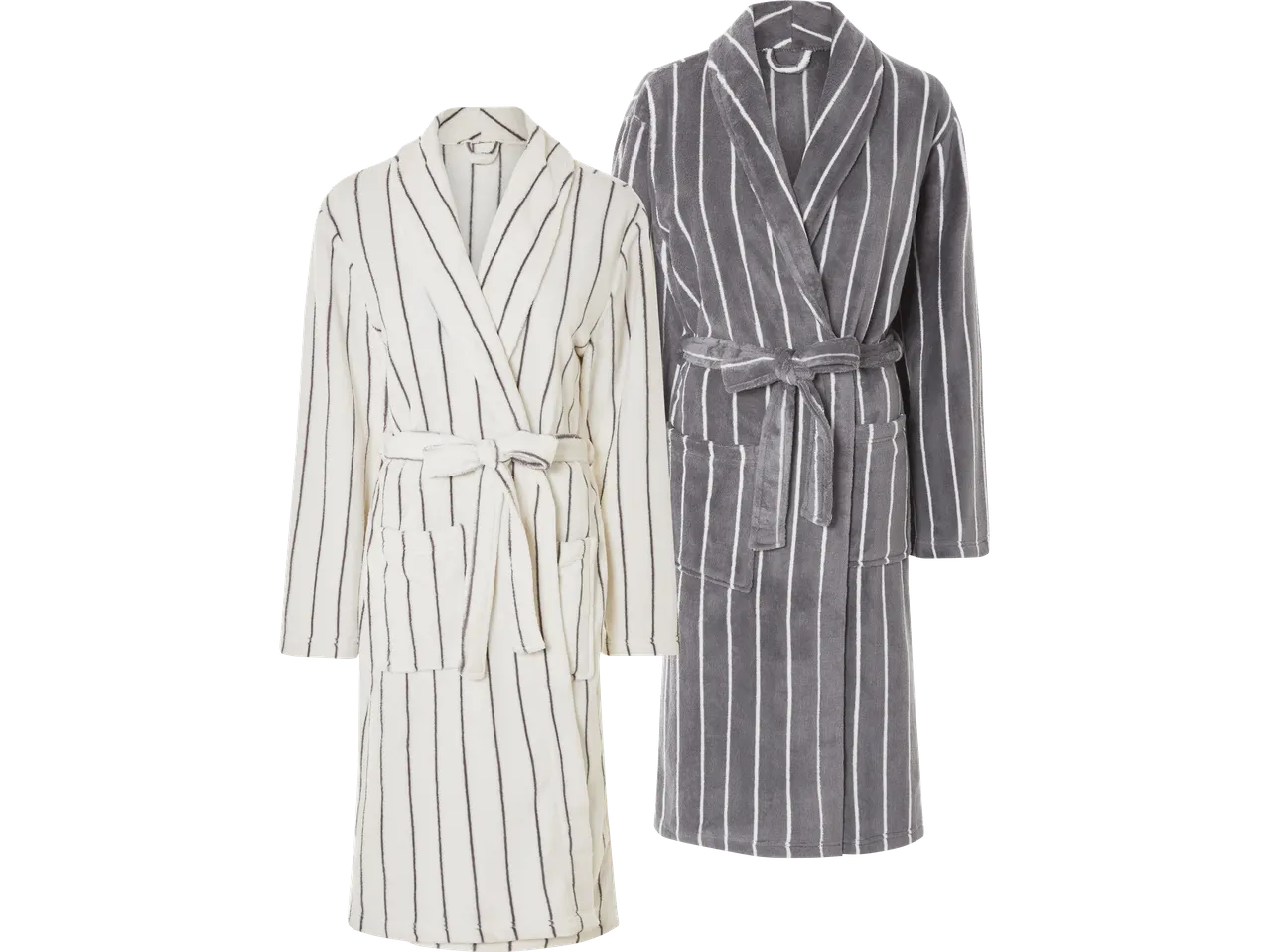 Två mjuka badrockar, en beige och en gråmelerad.