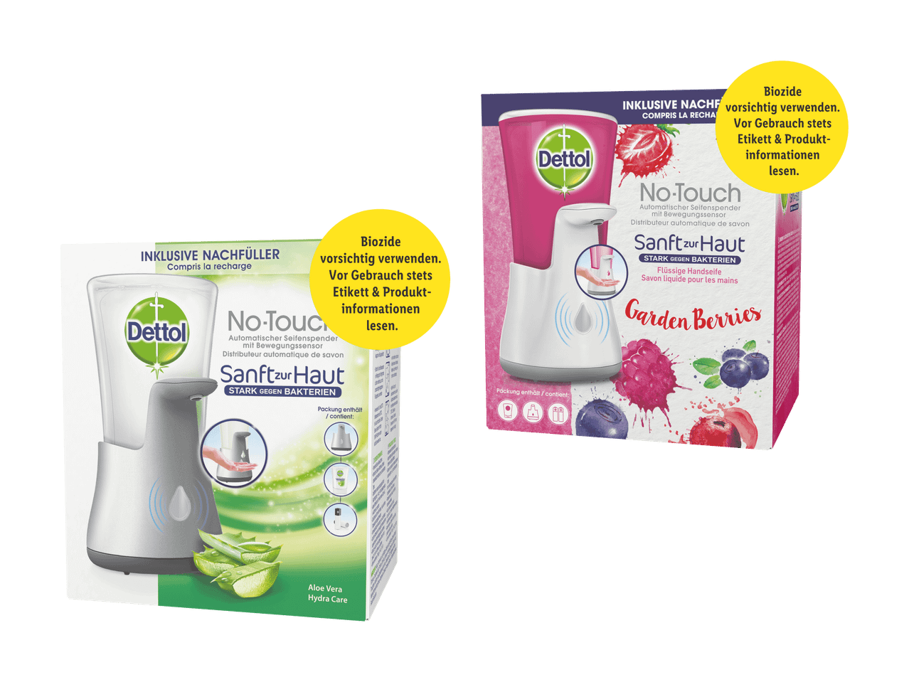 Zwei Dettol No-Touch Seifenspender, einer mit Aloe Vera und einer mit Gartenbeeren.