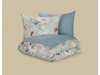 Floral duvet cover set with two pillows, one patterned and one plain blue.