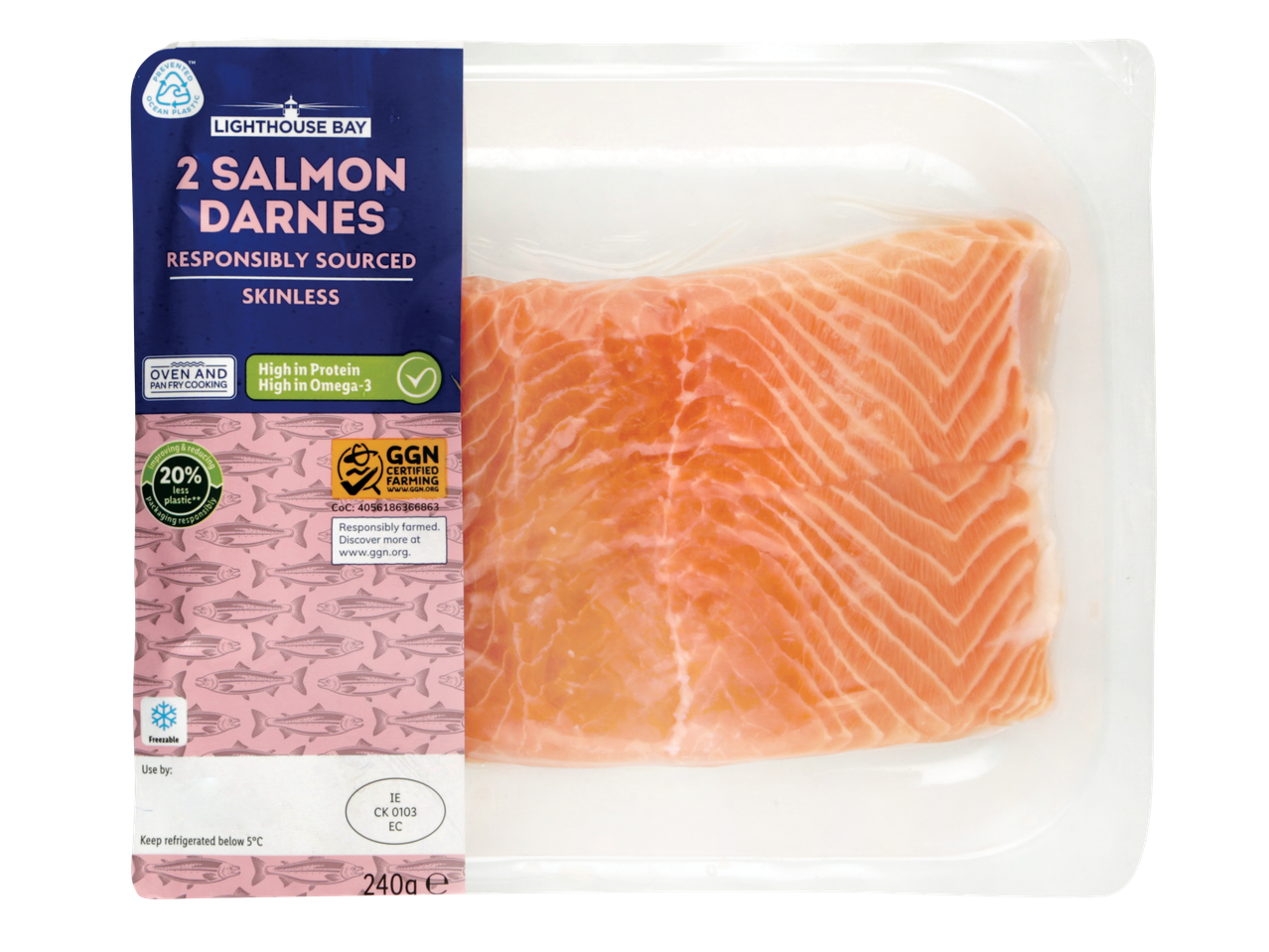 Lighthouse Bay 2 Skinless Salmon Darnes in packaging, responsibly sourced and high in protein.