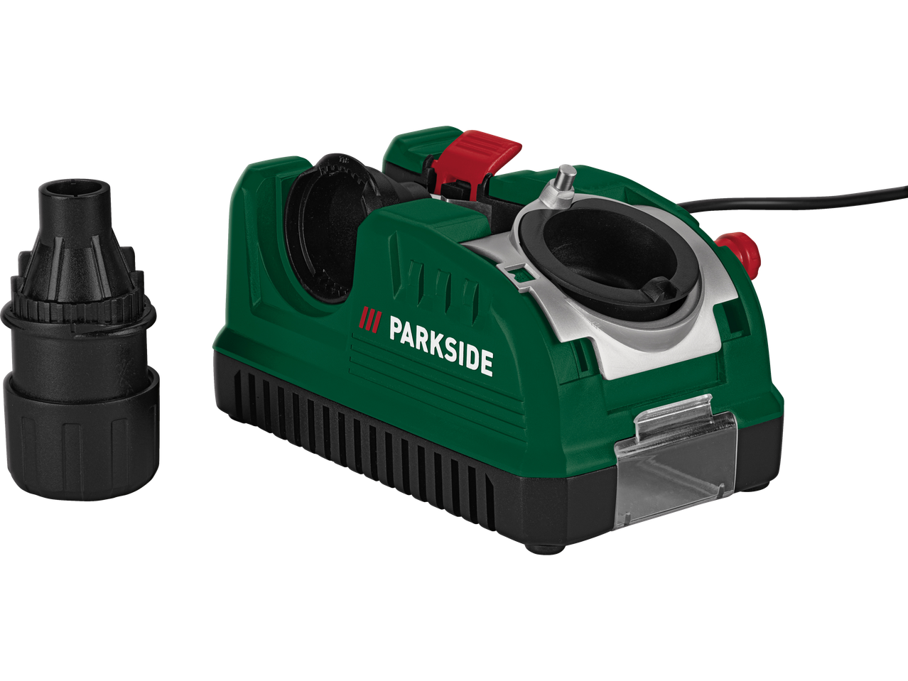 Parkside® PBSG 92 grąžtų galąstuvas žalios spalvos su juodomis ir sidabrinėmis detalėmis.