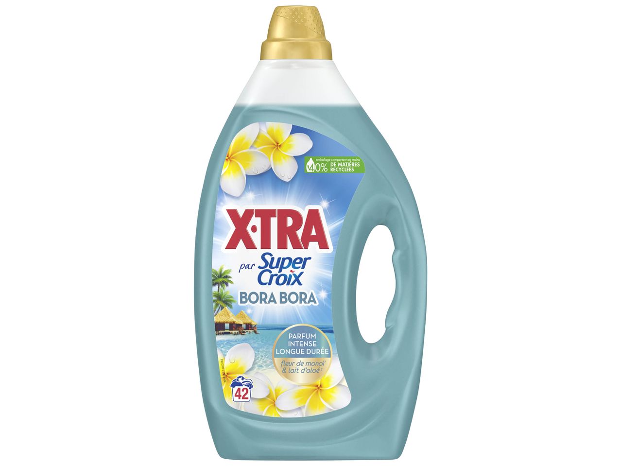 Lessive Xtra par Super Croix Bora Bora, parfum intense longue durée fleur de monoï et lait d'aloé.