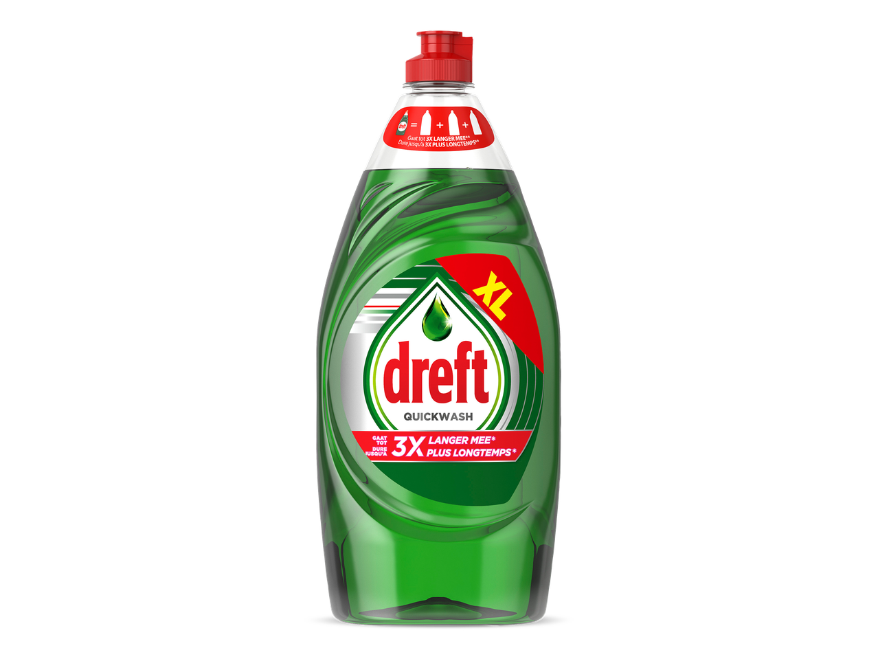 Fles groen afwasmiddel met rode dop en XL-aanduiding.