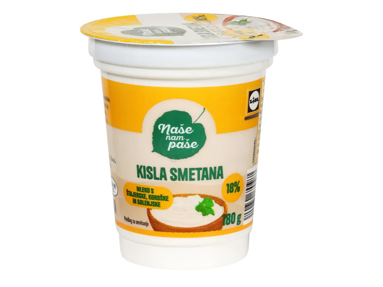 Lidl-ova kisla smetana (18%) v plastičnem lončku.