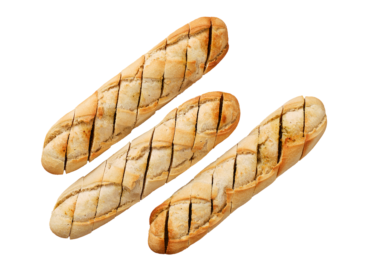 Trīs sagrieztas ķiploku maizes uz melna fona.