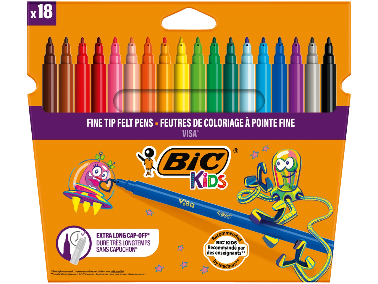 A pack of 18 fine tip felt pens in various colors, with cartoon characters and text about long-lasting use.