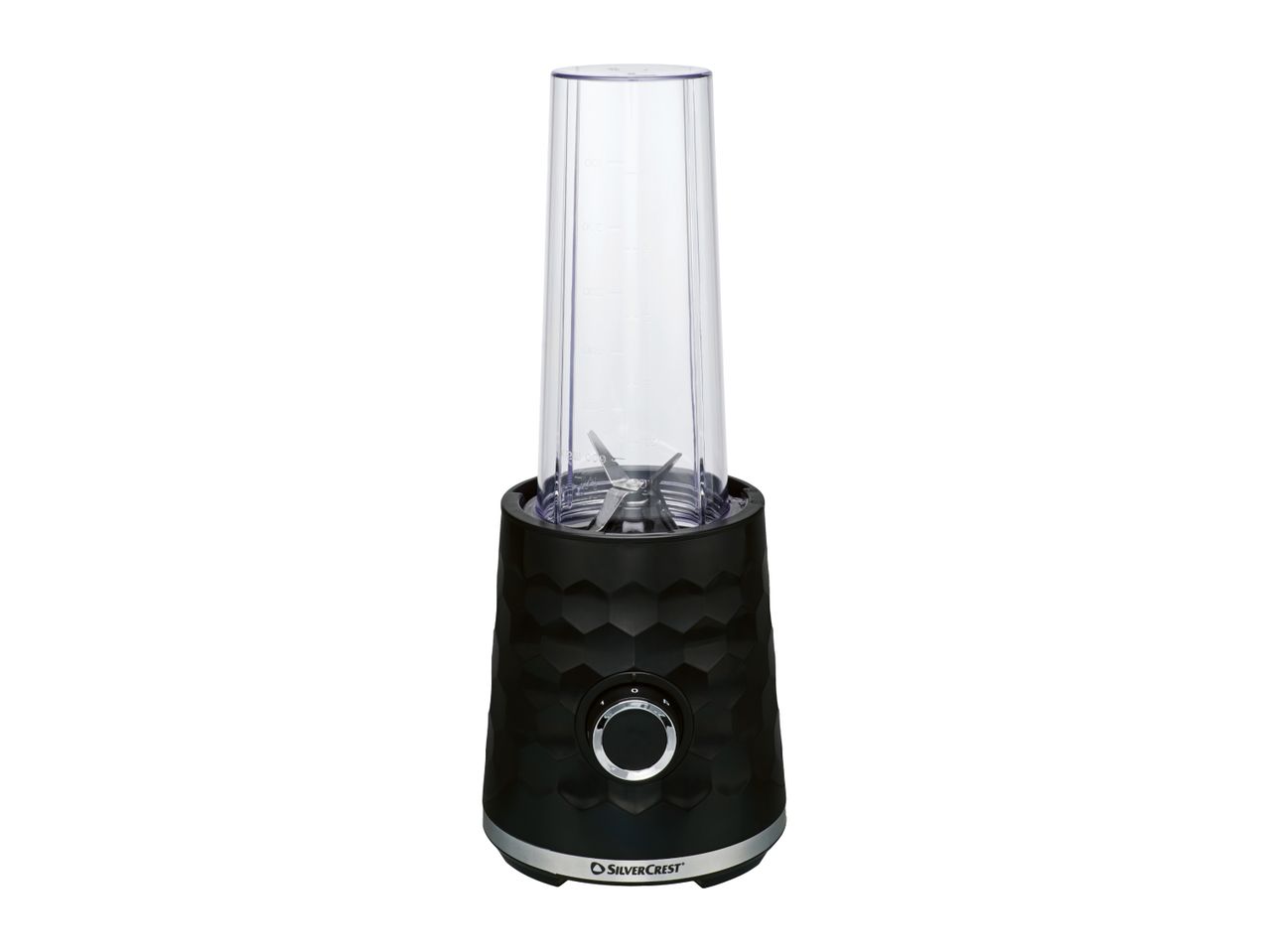 Black personal blender with a clear plastic bottle and a textured base