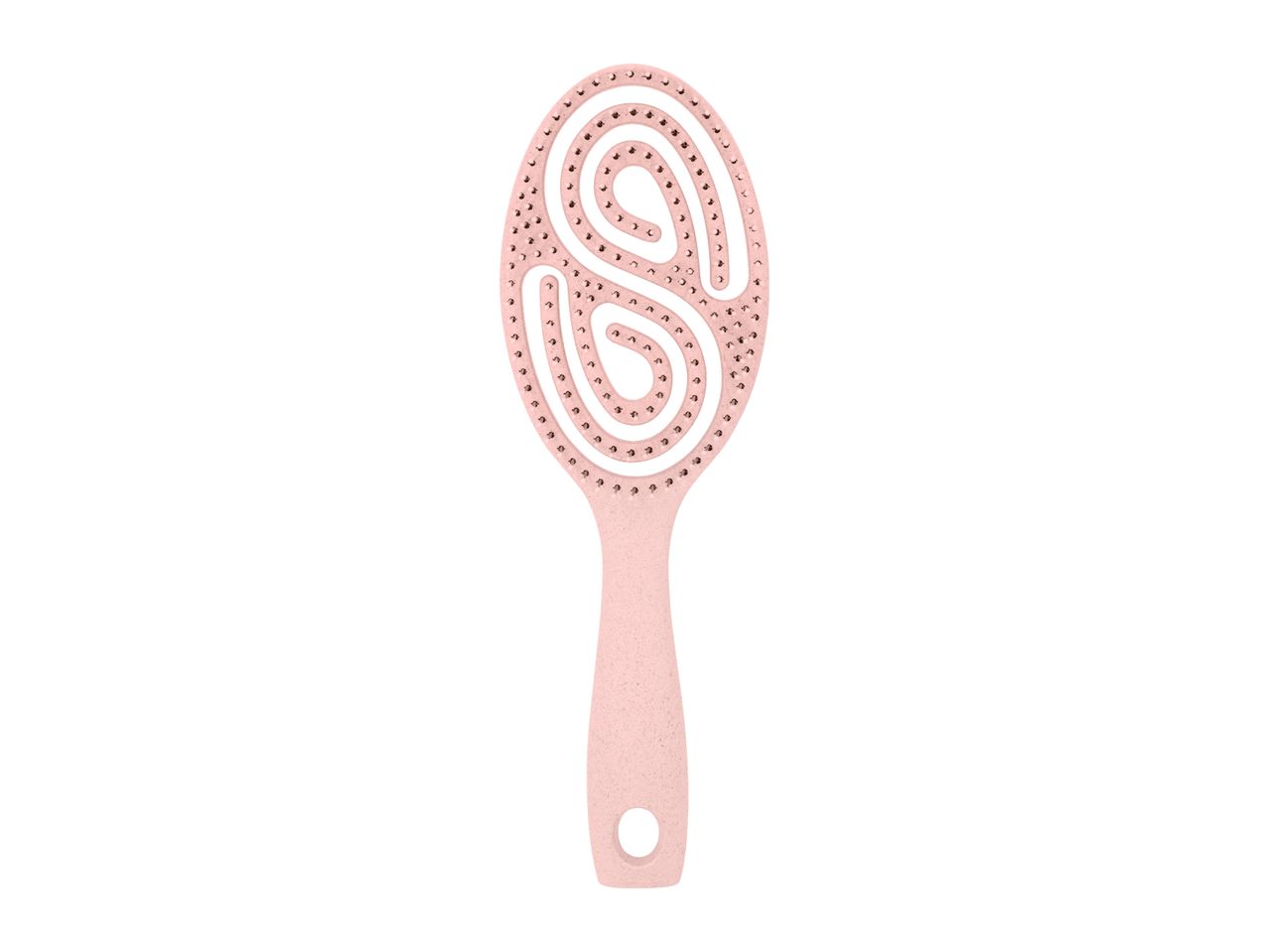Pink hairbrush with a unique spiral design and small bristles, isolated on a white background.