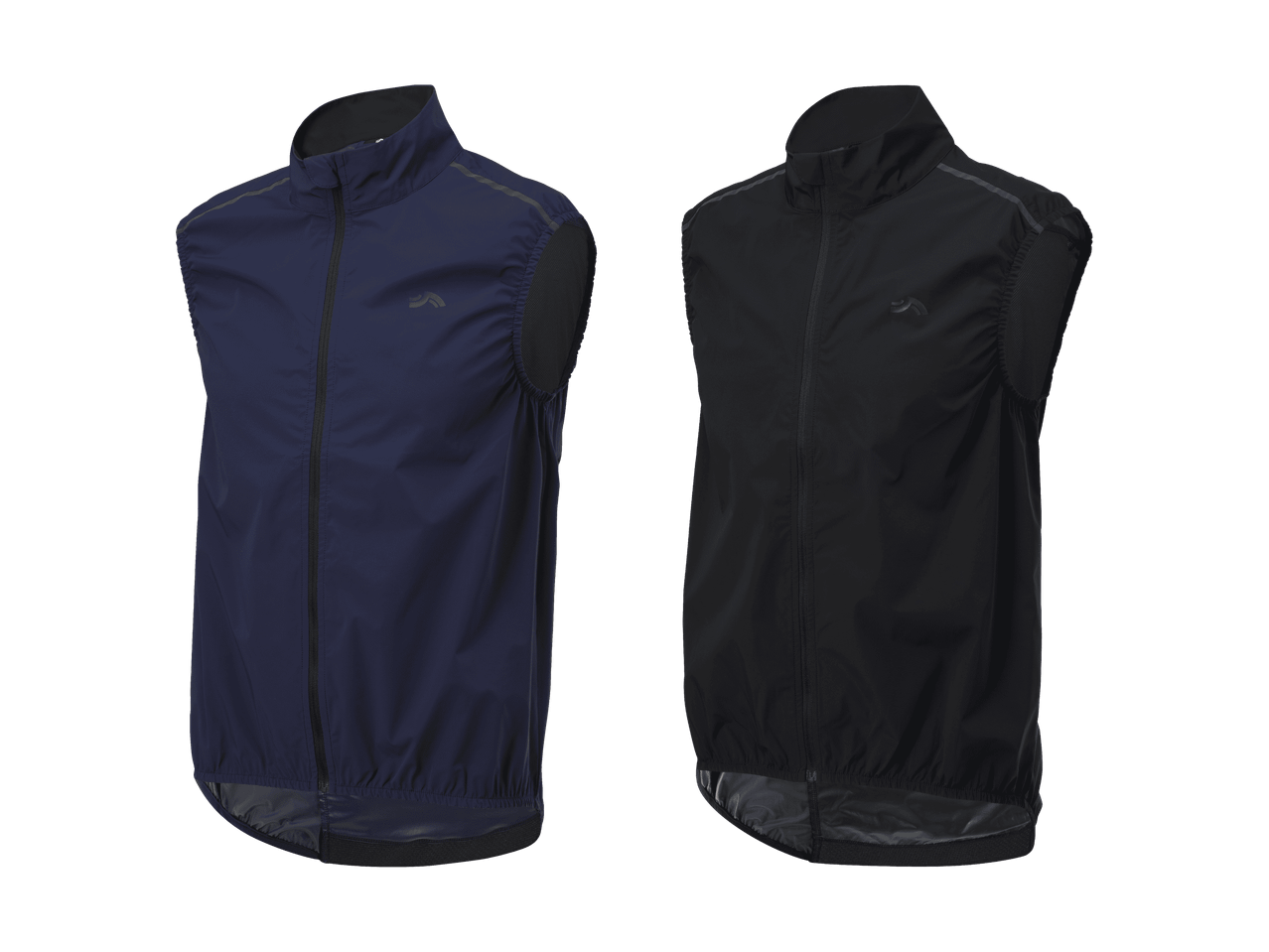 Zwei ärmellose Radwesten, eine marineblaue und eine schwarze, mit reflektierenden Details.