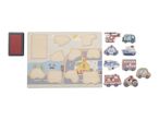 Wooden puzzle board with a city scene and various vehicle pieces like a helicopter, police car, and fire truck.