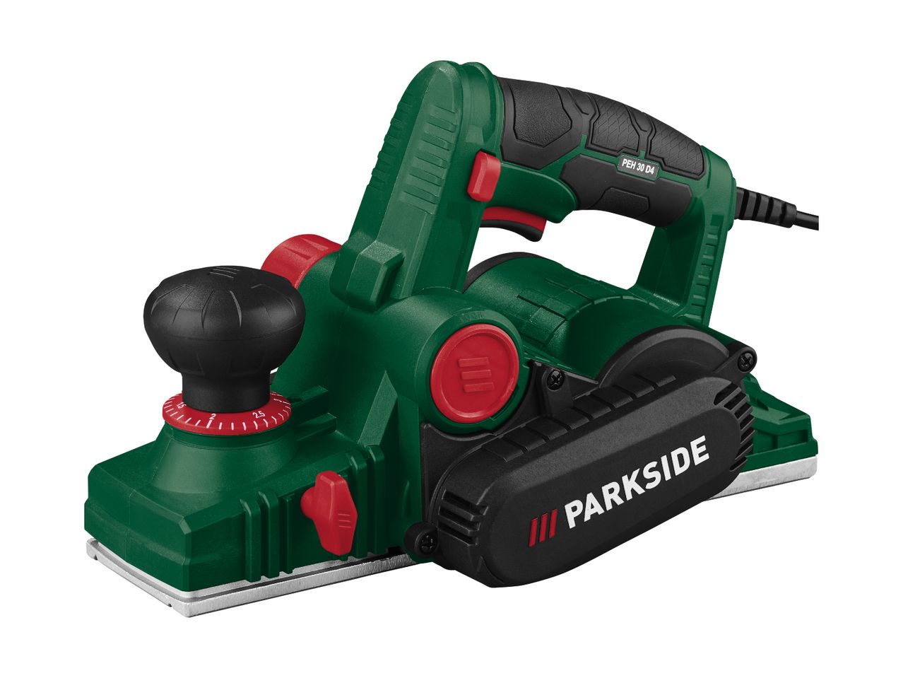 En grøn og sort elektrisk høvl med røde knapper og et Parkside-logo.