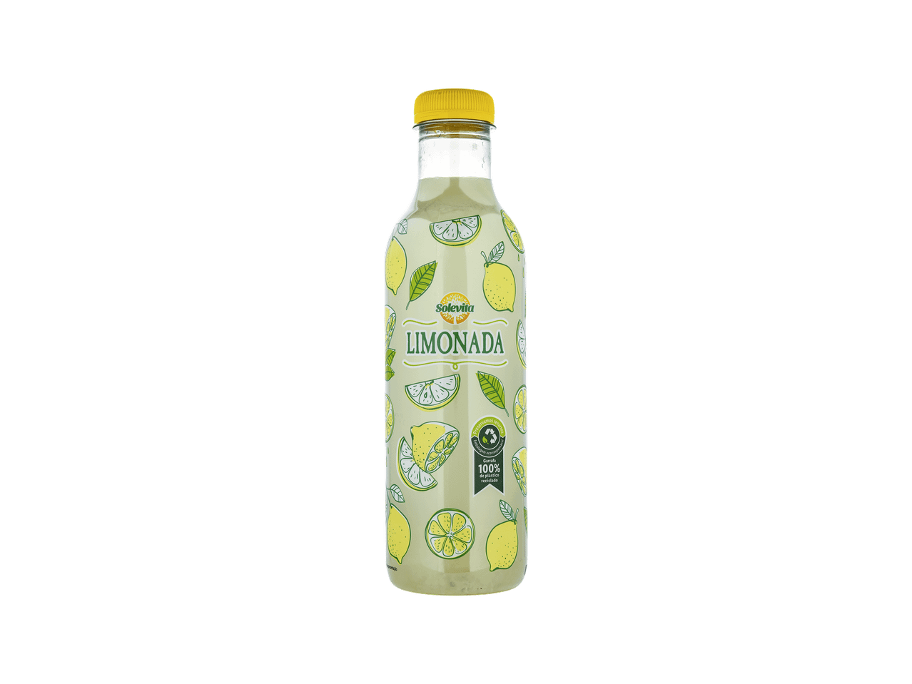 Garrafa de limonada com rótulo de limões e folhas, tampa amarela e selo de 100% plástico reciclado.