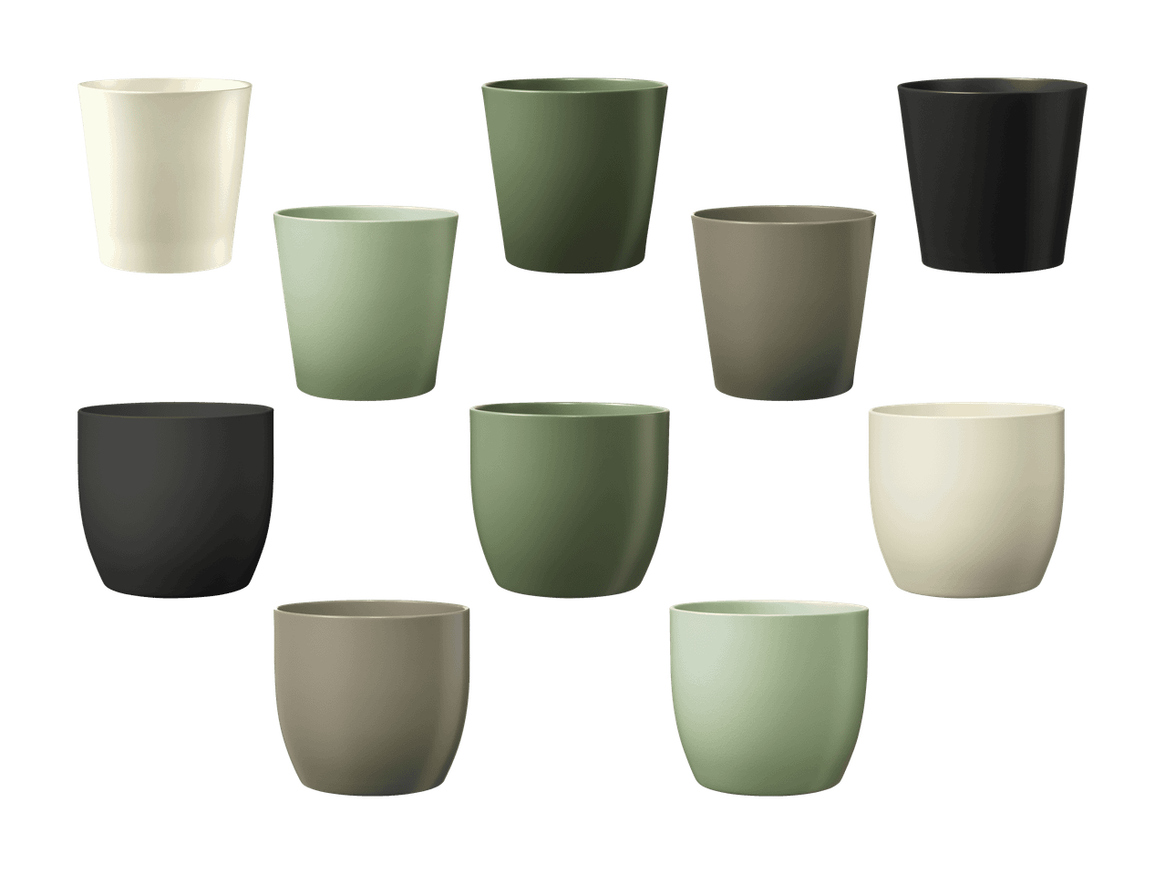 Ti urtepotter i forskellige størrelser og nuancer af grøn, beige og sort.