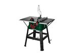 PARKSIDE table saw with a green base and black stand, featuring a clear blade guard.