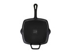 Black square grill pan with a long handle and a small helper handle, viewed from the bottom.