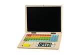 Et legetøjslaptop i træ med farverigt tastatur og tilbehør.