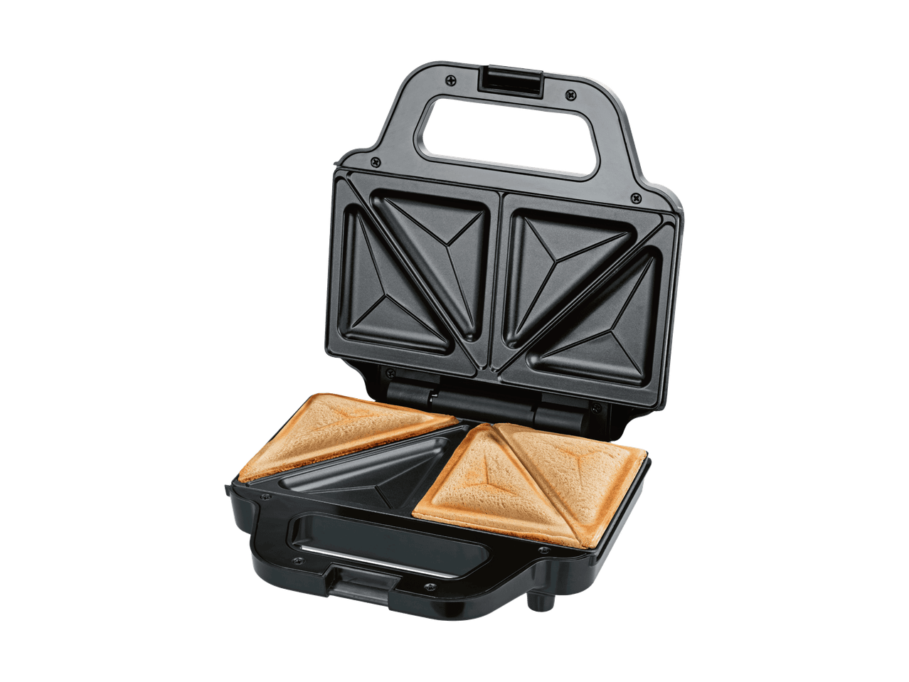 Sort sandwichmaskine med to ristede sandwicher, åben og klar til servering.