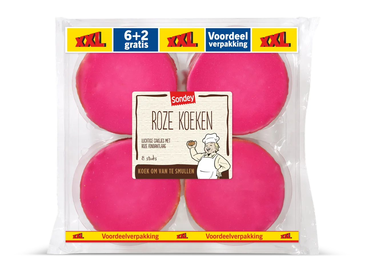 Sondey roze koeken in XXL voordeelverpakking, 6+2 gratis, totaal 8 stuks.