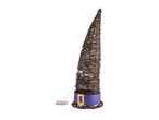 Light-up decorative witch's hat made of woven twigs with a purple band