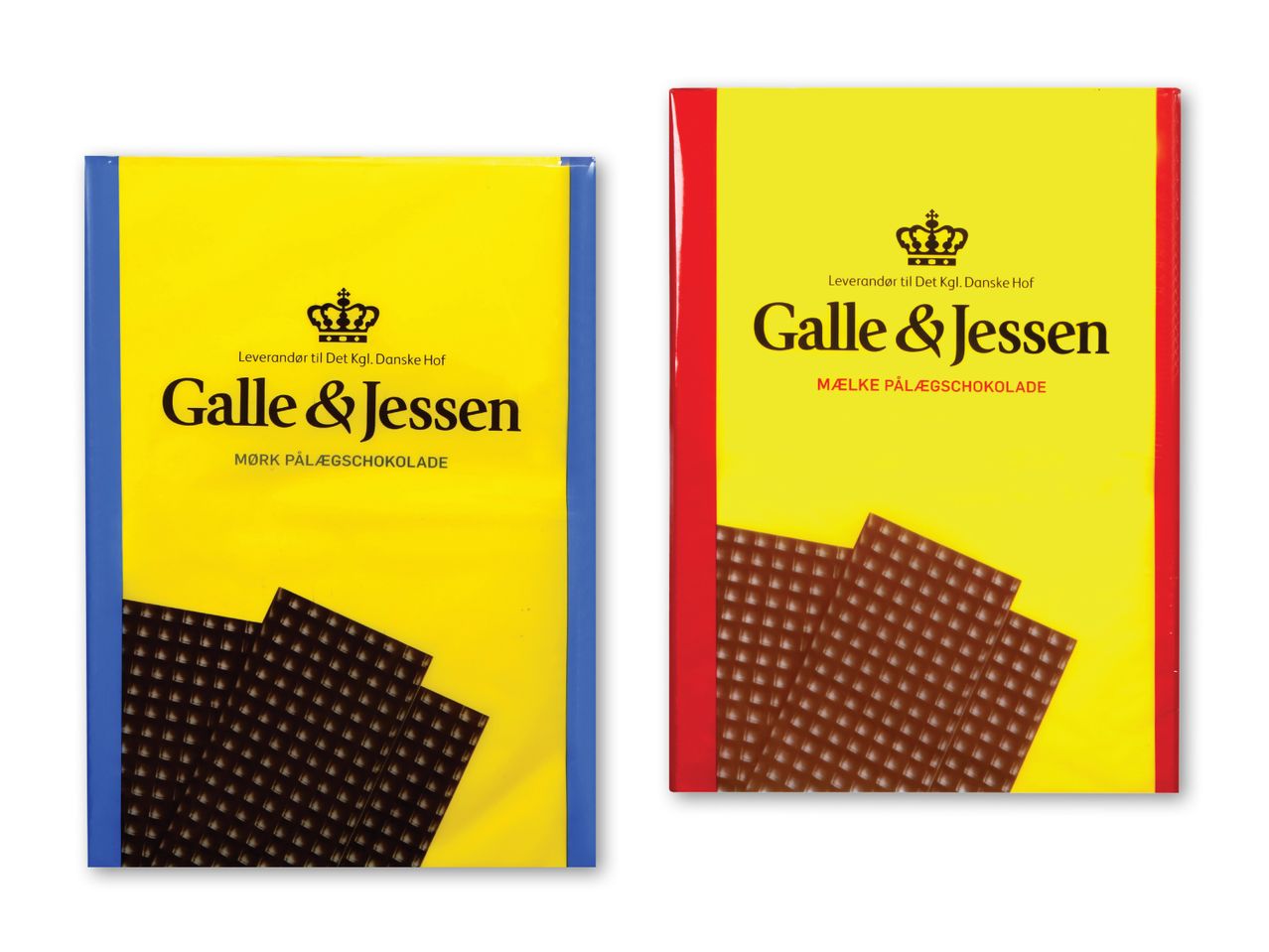 Galle & Jessen mørk og mælke chokolade i gule og røde indpakninger.