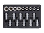 A set of Torx and E-Torx sockets in a black plastic tray, ranging from T20 to T70 and E10 to E24.