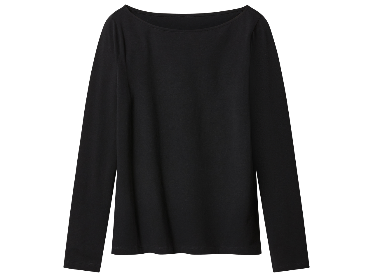 Черна дамска блуза с дълъг ръкав и лодка деколте.