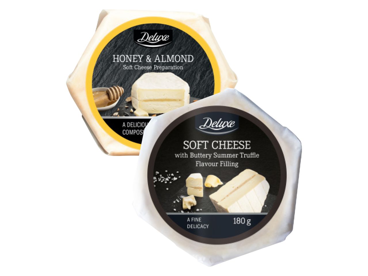 Deluxe mīkstais siers ar medu un mandelēm, un mīkstais siers ar trifelēm.