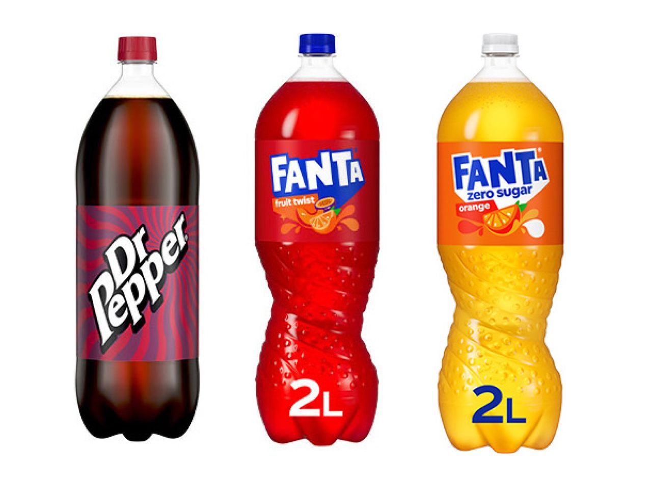 Three 2L soda bottles: Dr Pepper, Fanta Fruit Twist, and Fanta Zero Sugar Orange.