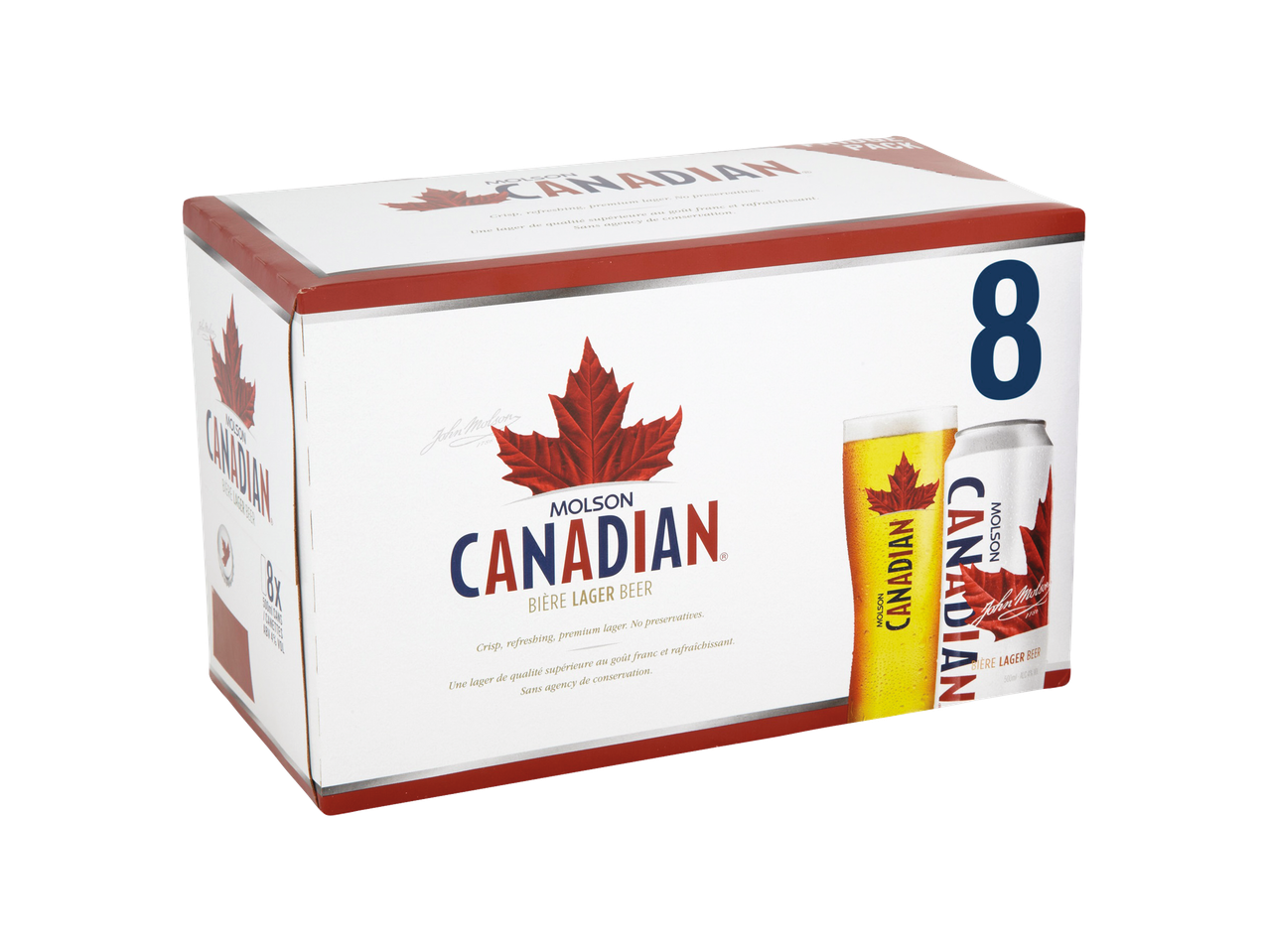 Molson Canadian Lager 8-pack with a glass and can of beer.