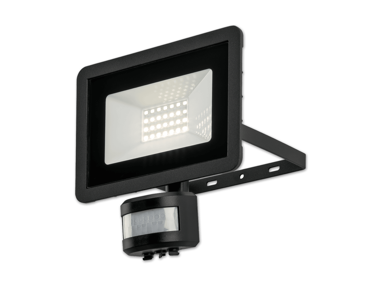 Schwarzer LED-Fluter mit integriertem Bewegungsmelder.
