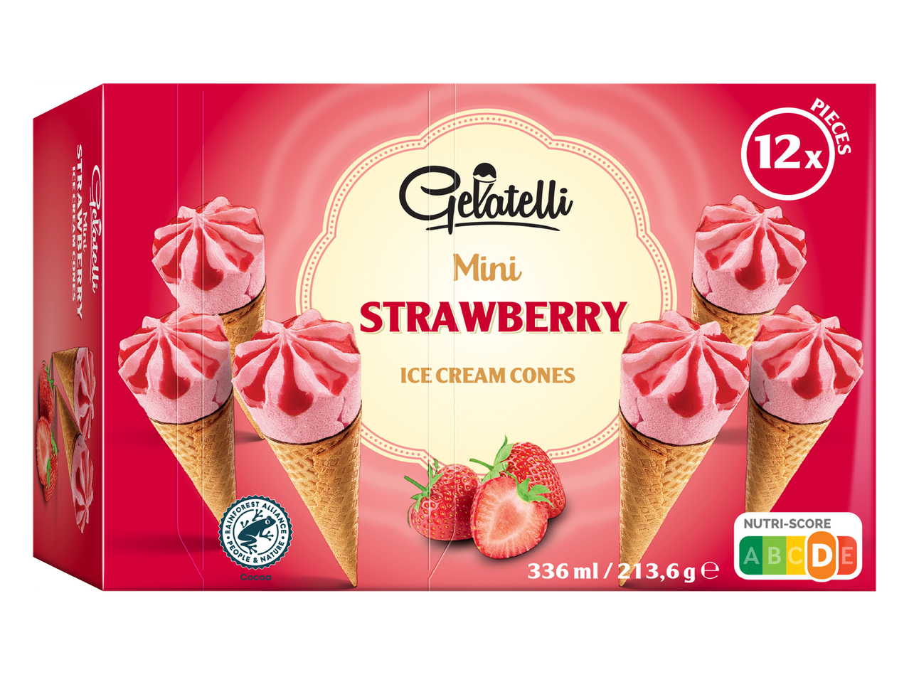 Кутия с 12 мини фунийки ягодов сладолед, с логото на Rainforest Alliance и Nutri-Score.