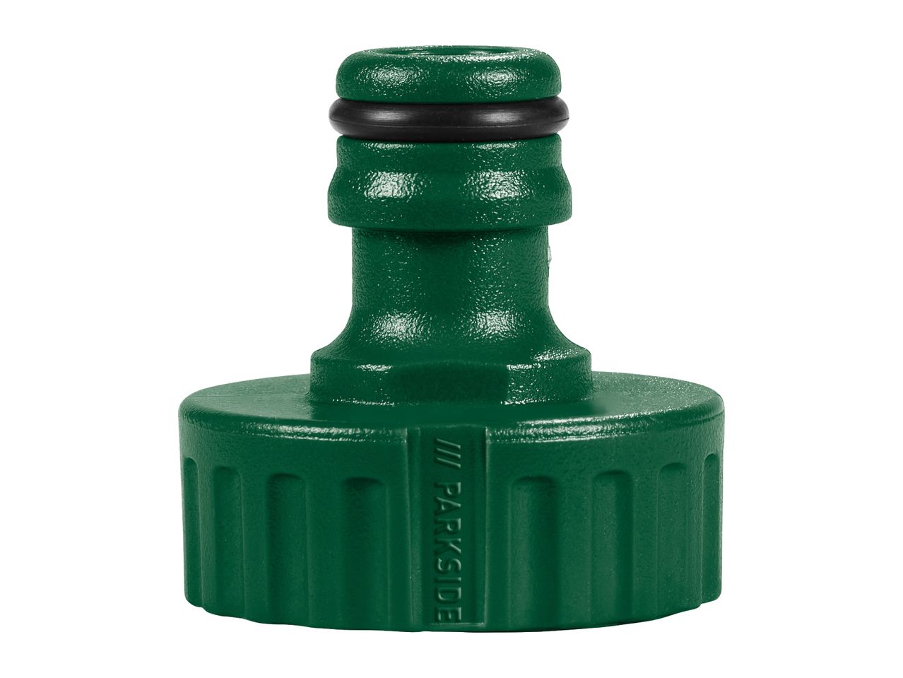 Green garden hose connector with a black O-ring seal.