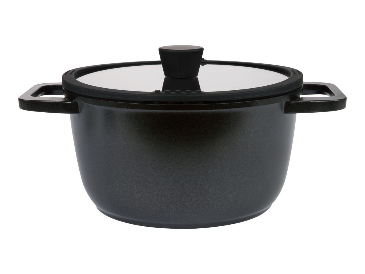 A black, round saucepan with a glass lid and two handles.
